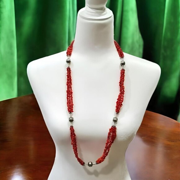 CAROLYN POLLACK Triple Strand Natural Red Coral Nugget .925 Native Pearl Beads - Picture 2 of 12